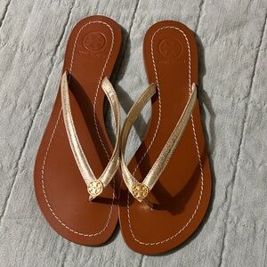 Tory Burch Metallic Gold Strap Leather Thong Sandals with Tan Footbed